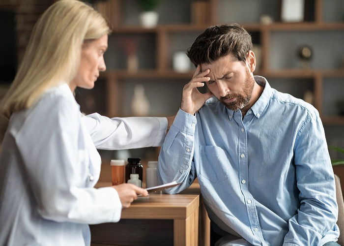 A female therapist consoling her male patient